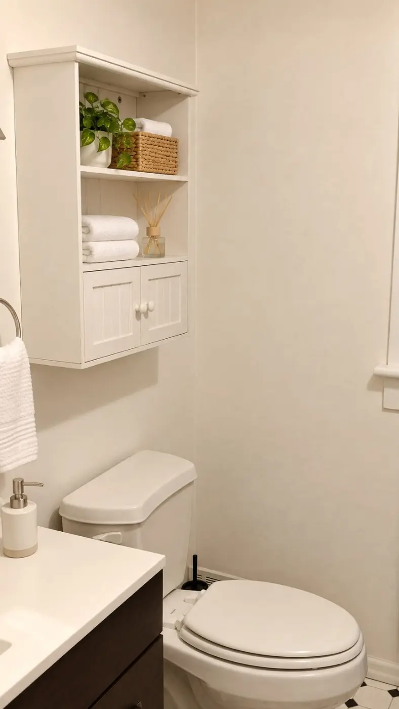 Temporary staged bathroom storage shelf with towels and plant