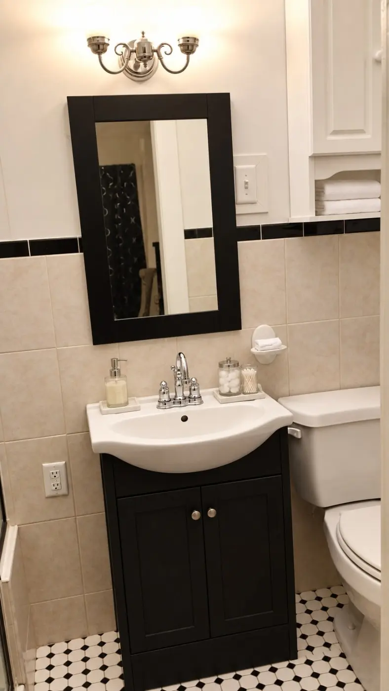 Temporary staged bathroom vanity with black cabinet and tile wall