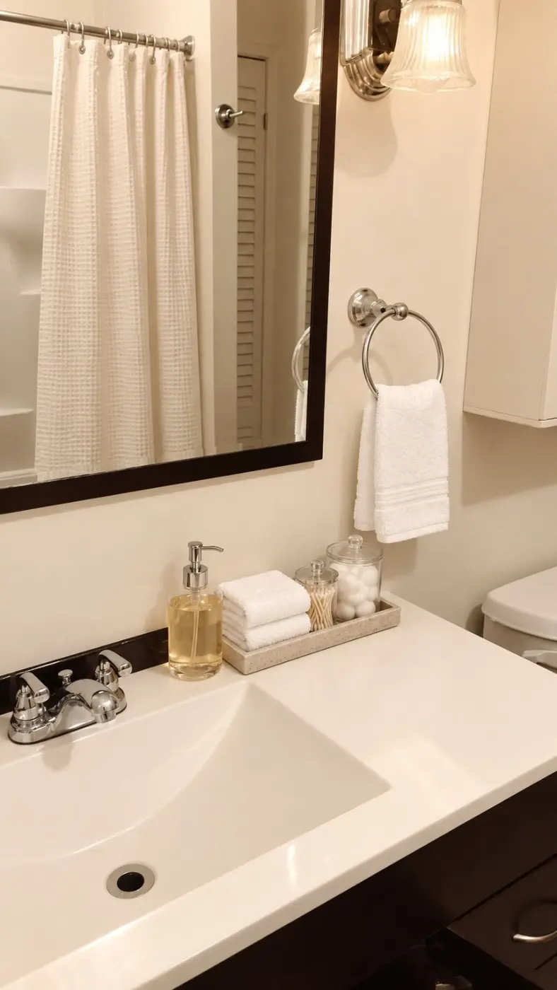 Temporary staged bathroom vanity with white towels and shower curtain