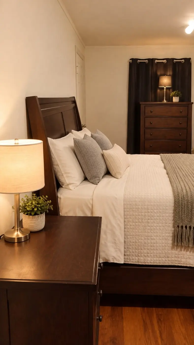 Temporary staged bedroom with dark wood furniture and neutral bedding