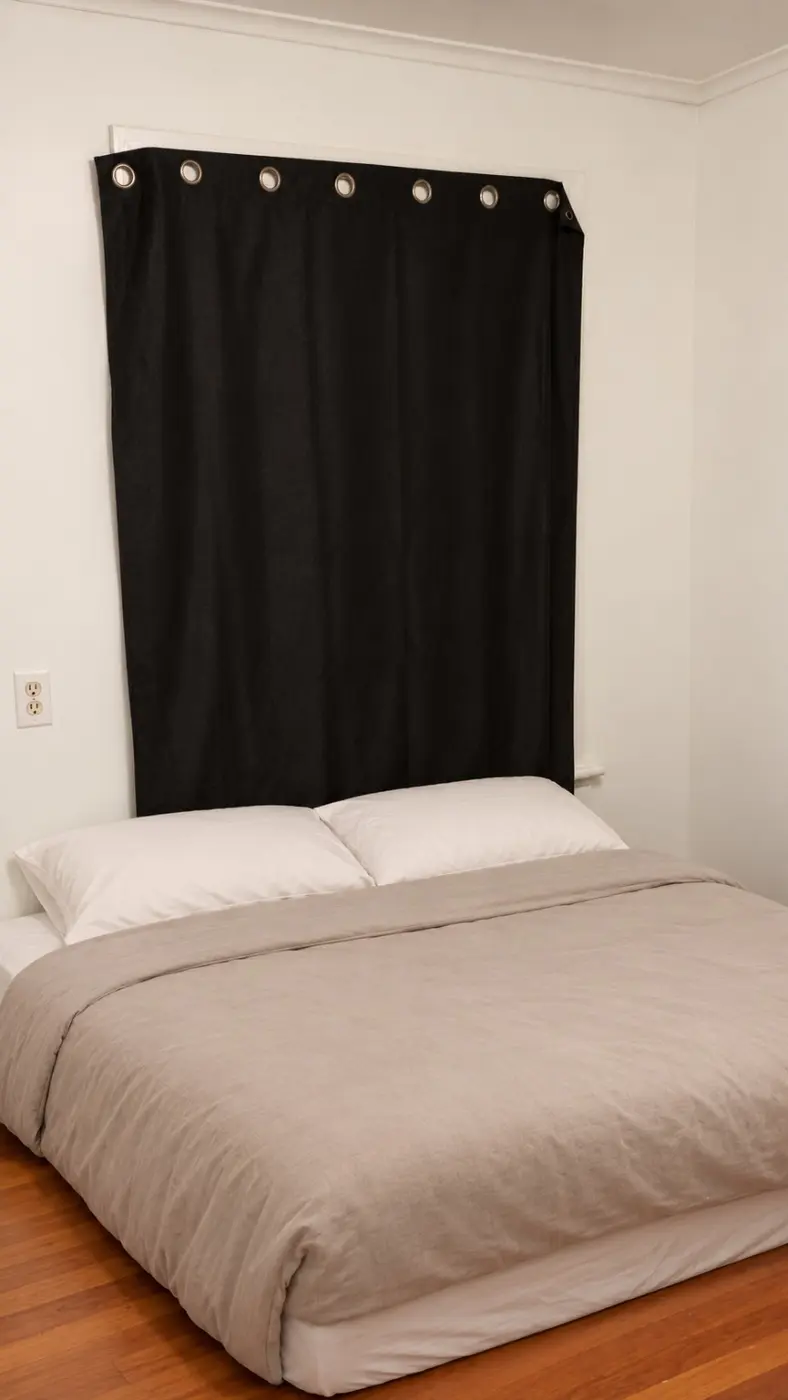 Temporary staged neutral bedroom with black curtain backdrop