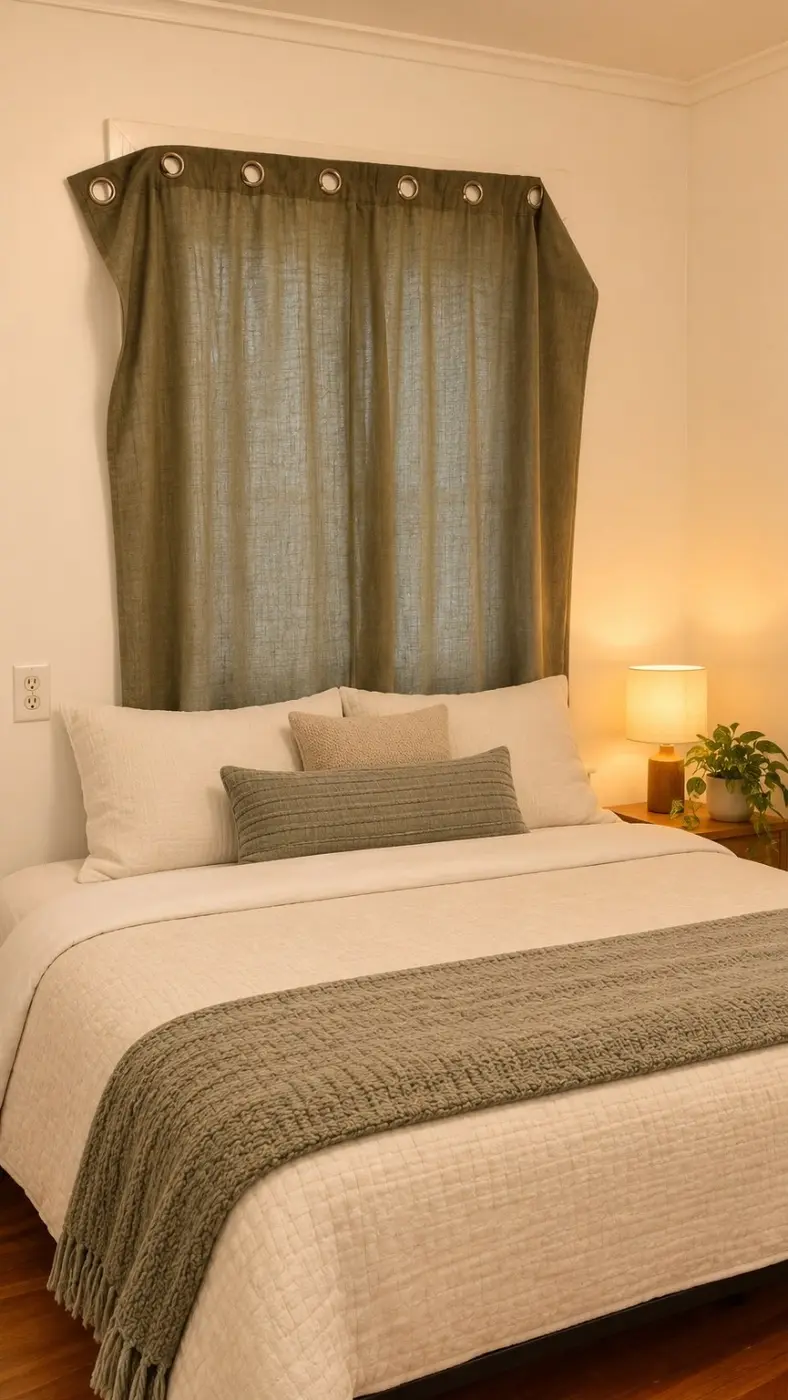 Temporary staged bedroom with sage bedding accents