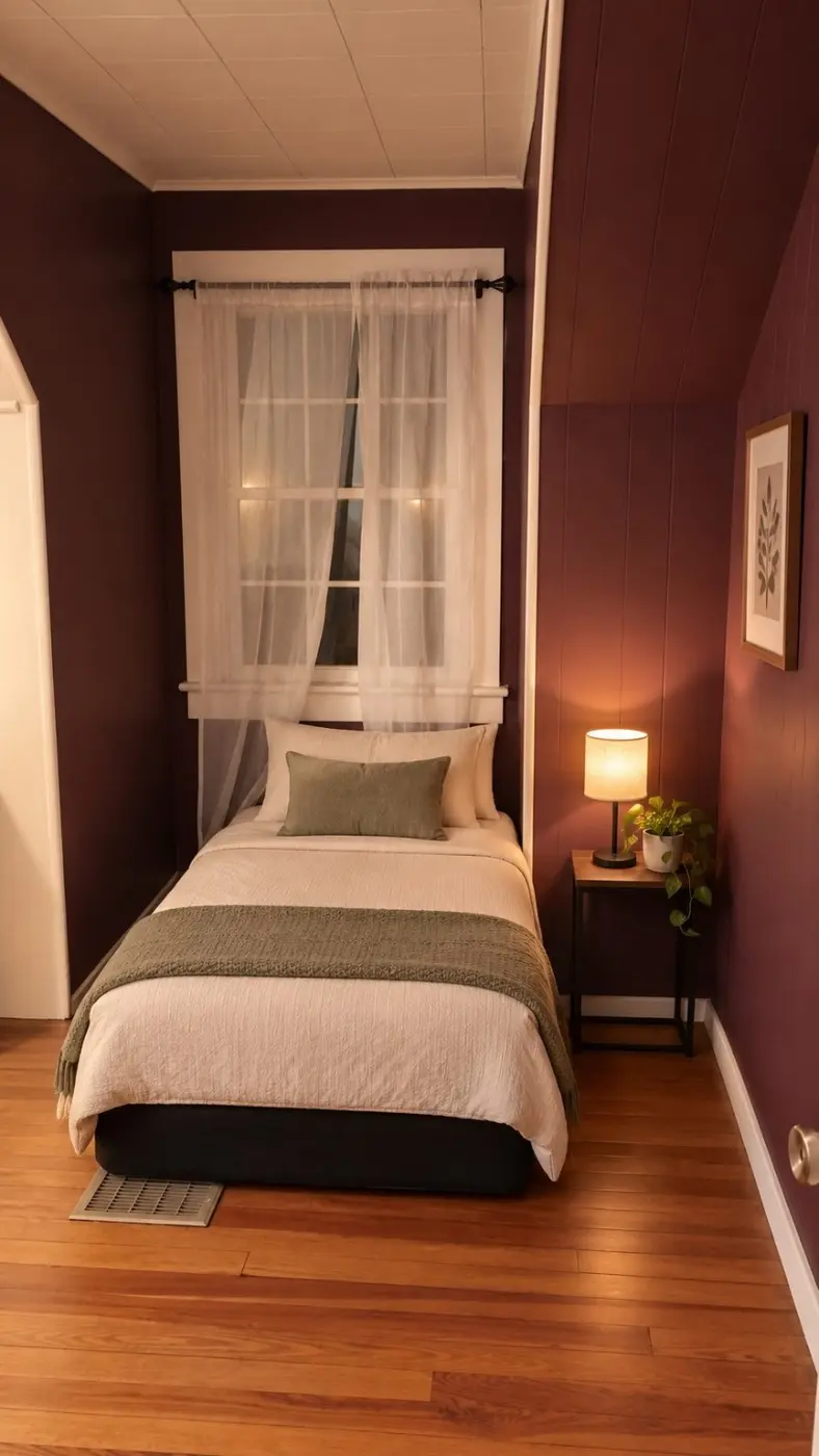 Temporary staged narrow bedroom with single bed and burgundy walls