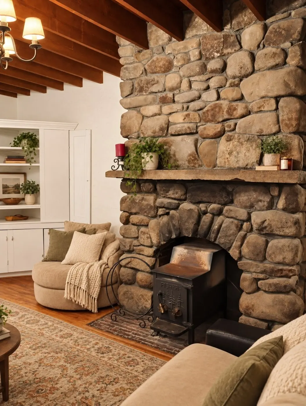 Temporary staged family room view with stone fireplace and seating