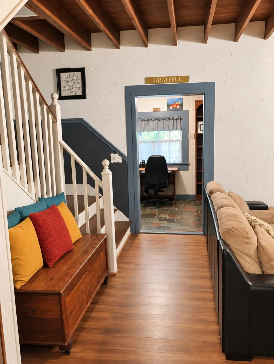 Temporary staged foyer and stair view inside the home