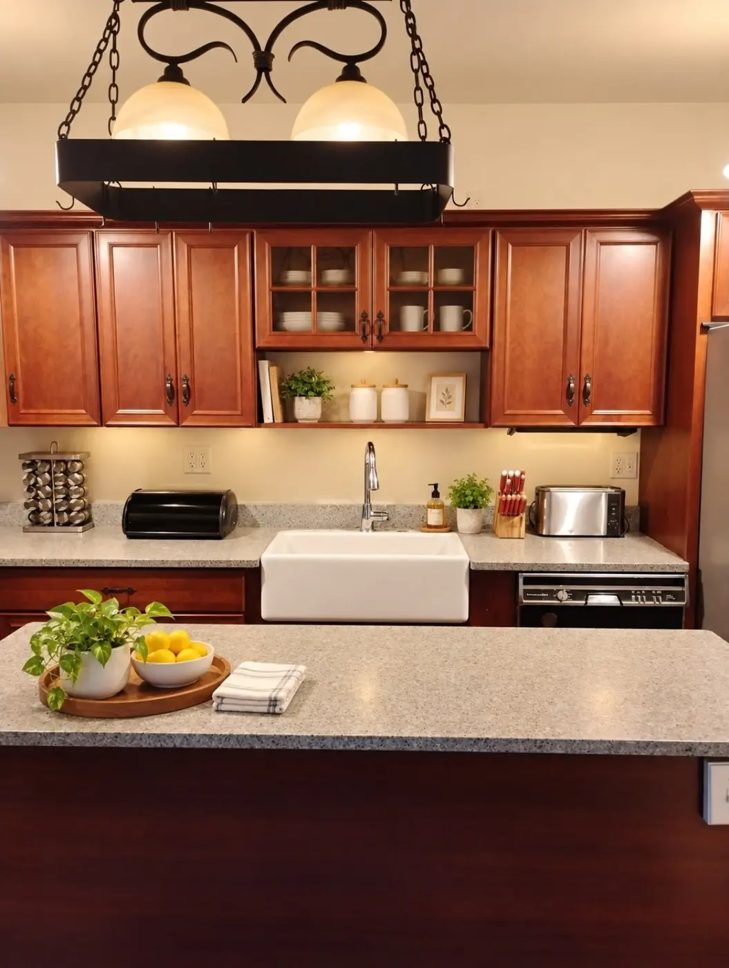 Temporary staged kitchen view with island sink and wood cabinets