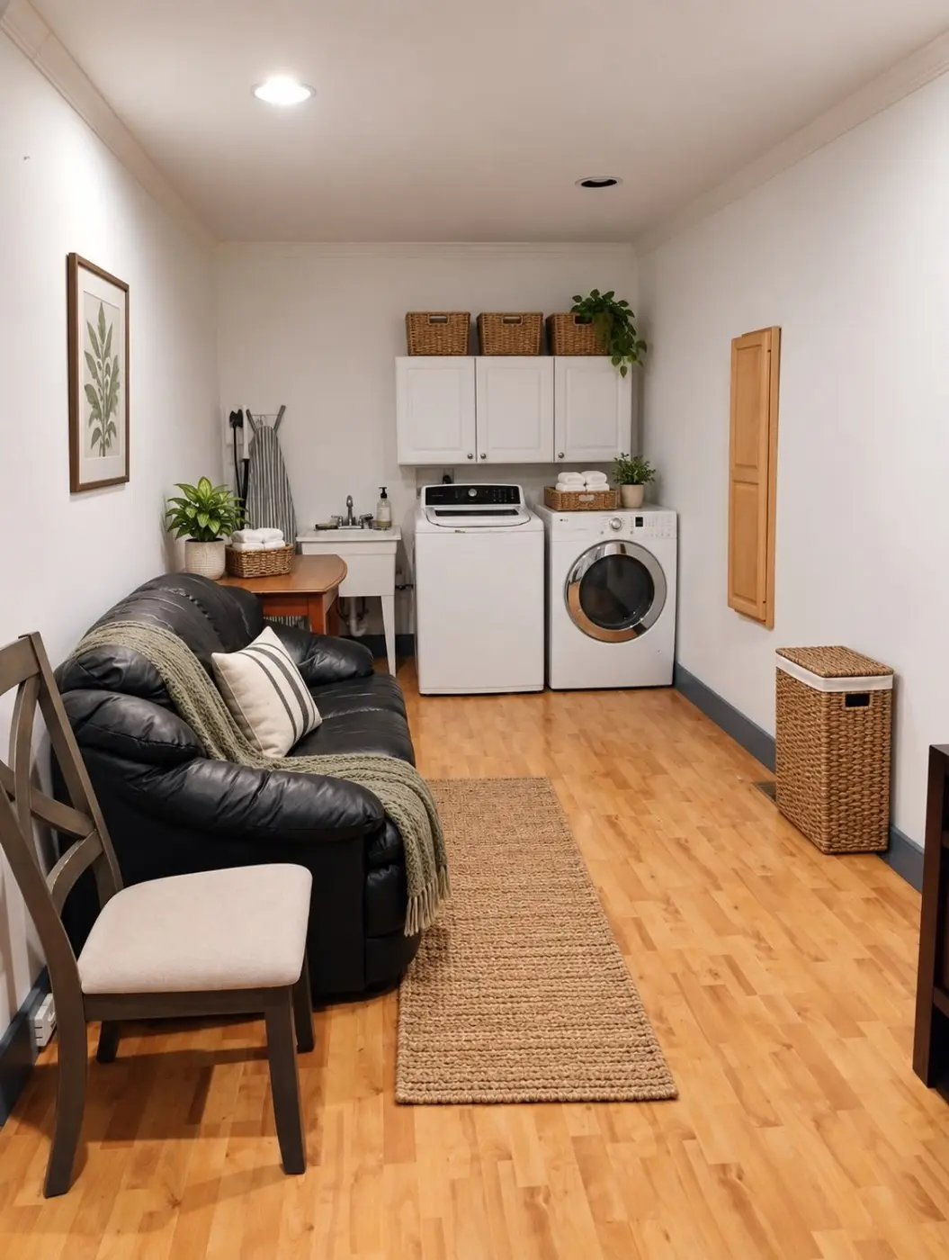 Temporary staged laundry room and seating area