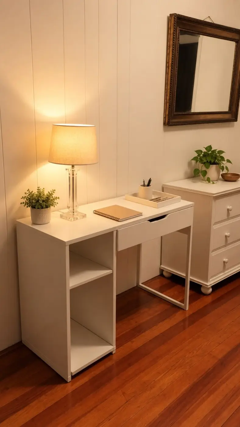 Temporary staged desk area with lamp and mirror