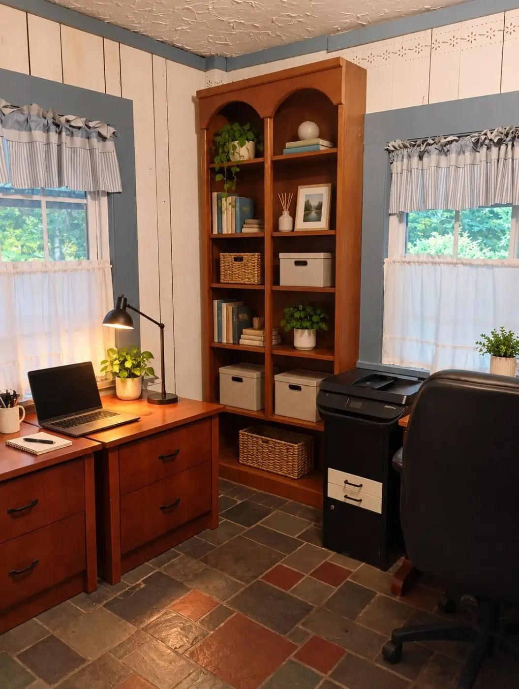 Temporary staged workstation nook with desk and shelving